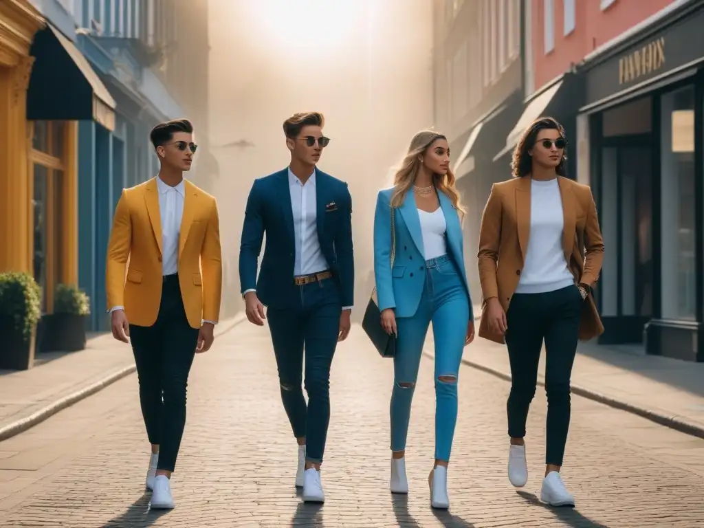 Elegante estilo juvenil en la ciudad al atardecer Grupo de adolescentes altos paseando con estilo y confianza por una calle urbana al atardecer