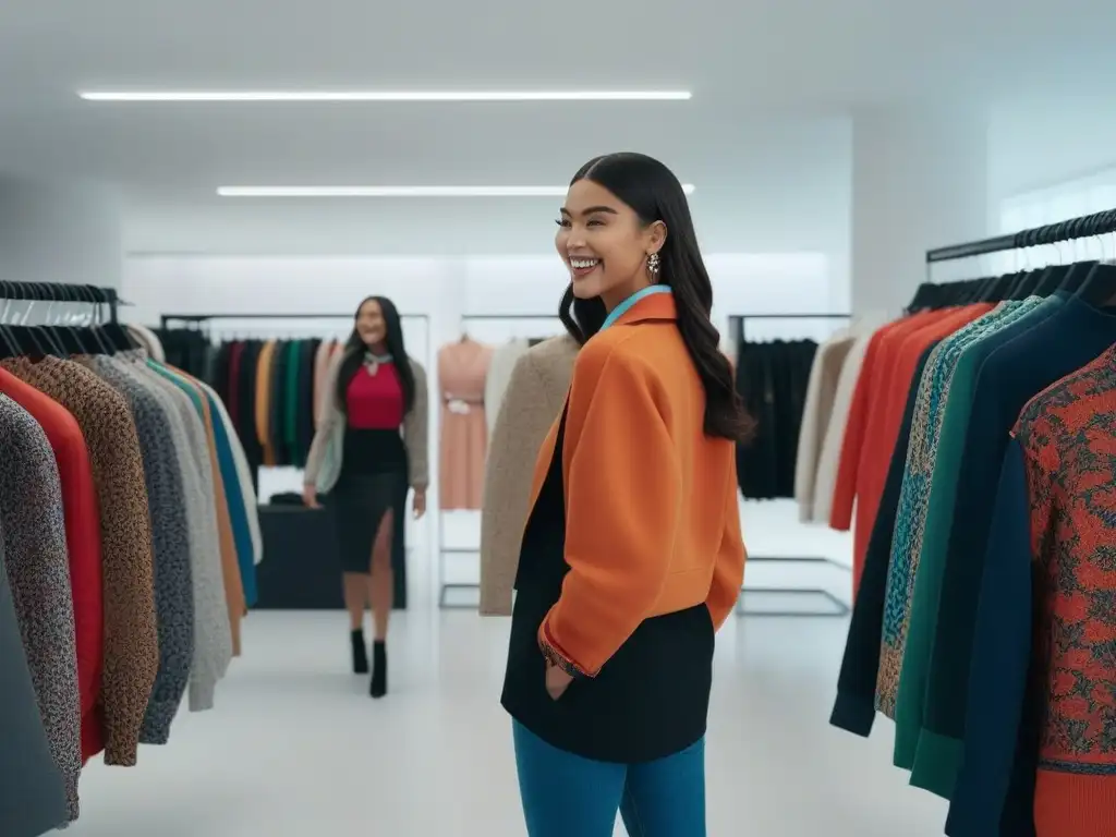 Tienda de moda inclusiva: adolescentes felices exploran juntos Un grupo de adolescentes diversos prueba ropa adaptativa en una tienda moderna y luminosa, reflejando empoderamiento y diversidad