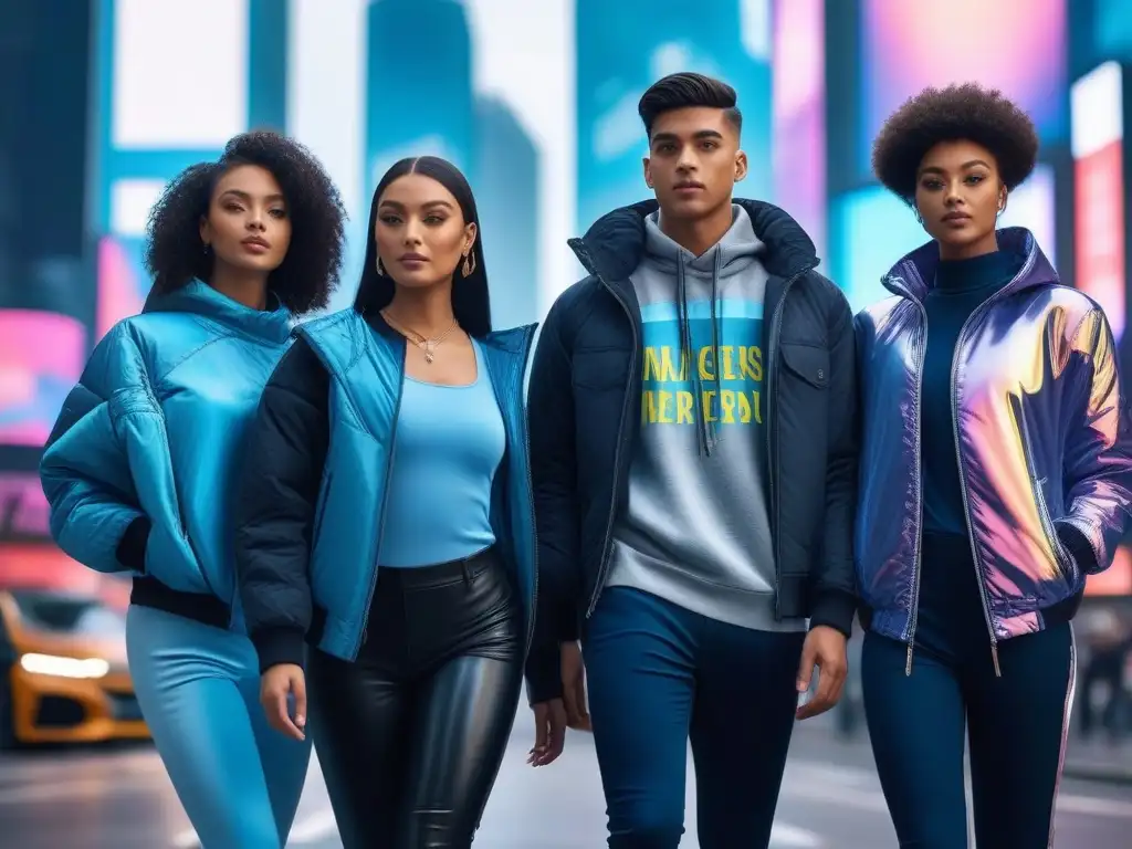 Moda adaptativa para adolescentes: diversidad, inclusión y estilo futurista Un grupo de adolescentes diversos viste ropa adaptativa moderna, mostrando individualidad en una ciudad futurista