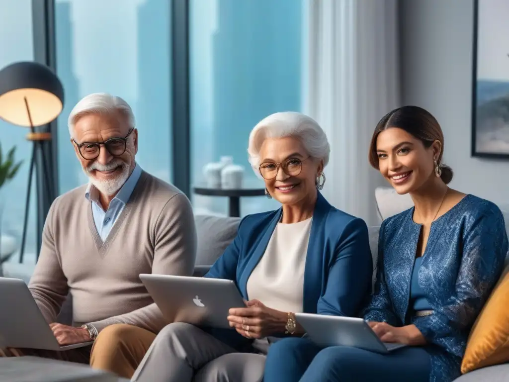 Seniors modernos felices comprando en línea Un grupo de adultos mayores diverso, elegante y sonriente, usando laptops y tablets en una sala contemporánea