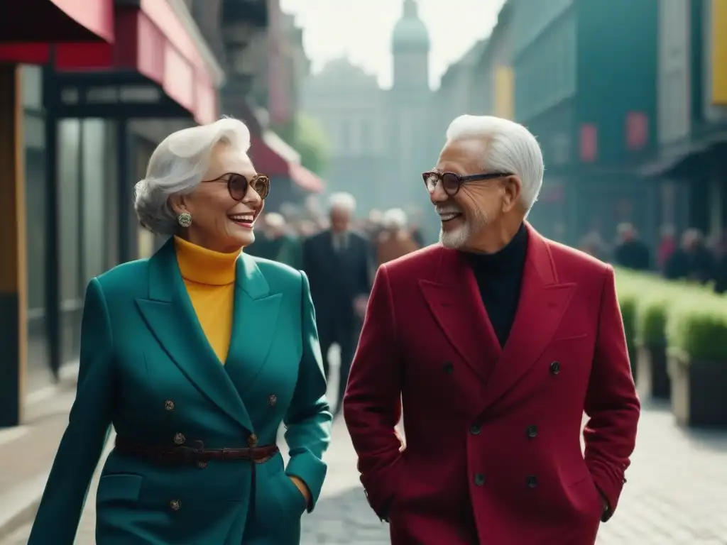 Moda senior diversa en la ciudad Un grupo de adultos mayores diversos y elegantes pasea por la ciudad, mostrando su moda senior inclusiva y diversa