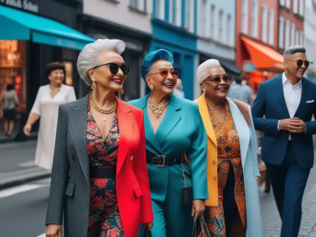 Moda senior inclusiva y radiante en la ciudad Un grupo de adultos mayores con estilo y diversidad de cuerpos caminan seguros y sonrientes por la calle, mostrando una moda inclusiva y colorida