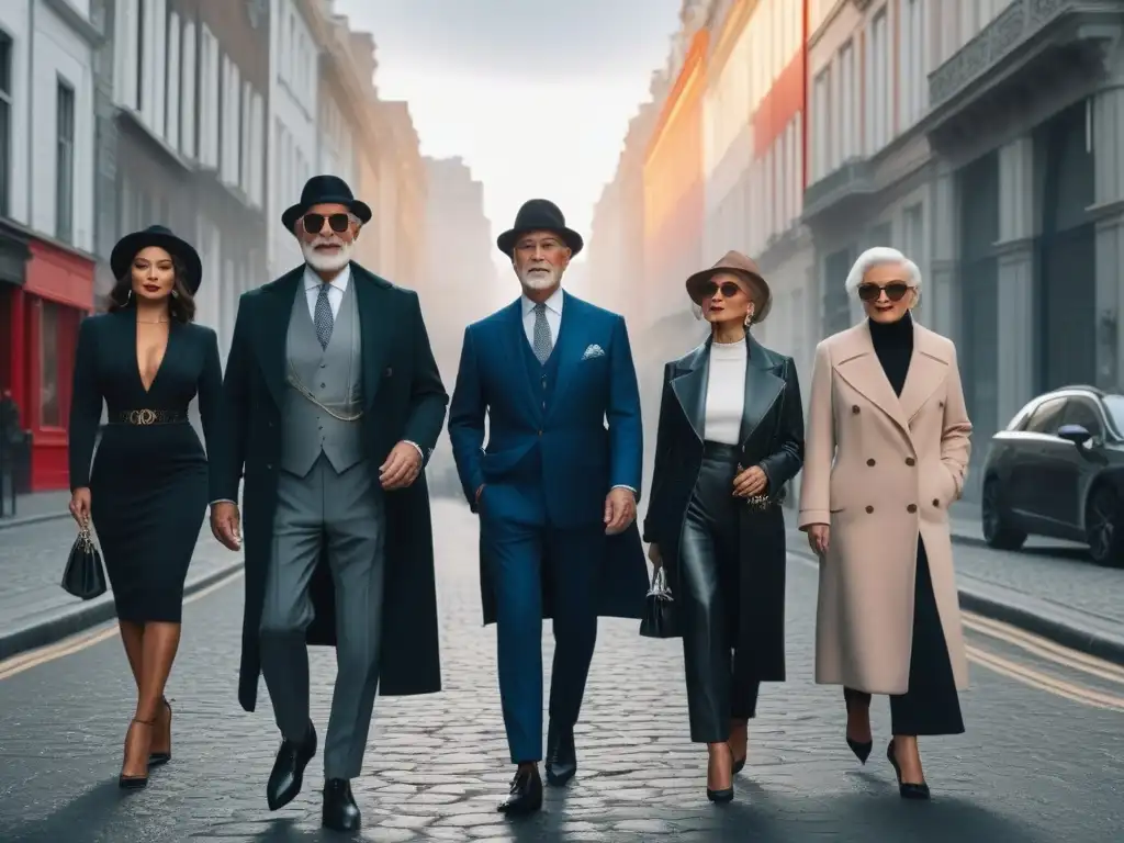 Moda senior urbana: estilo y confianza en la ciudad Un grupo de adultos mayores con estilo pasea con seguridad por la ciudad, combinando moda actual y atemporal
