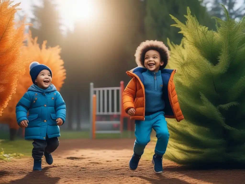 Niños felices y saludables en un parque vibrante con ropa hipoalergénica Un grupo alegre de niños diversos juega y ríe en un parque lleno de ropa infantil hipoalergénica para todos, bajo la cálida luz del sol