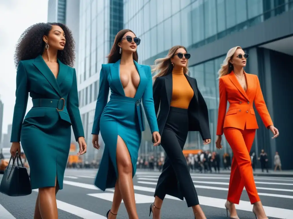 Altas y elegantes: mujeres seguras de sí mismas en la gran ciudad Un grupo de altas mujeres de moda desfilando con confianza en la ciudad, destacando su estilo