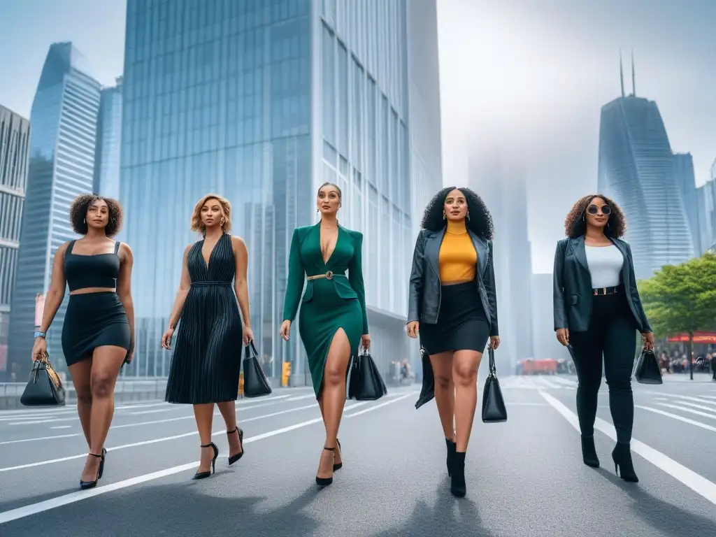 Moda inclusiva: Mujeres altas y seguras desfilan en la ciudad Un grupo de altas mujeres seguras caminan por la ciudad, luciendo moda tall inclusiva y diversa en un ambiente urbano moderno y vibrante