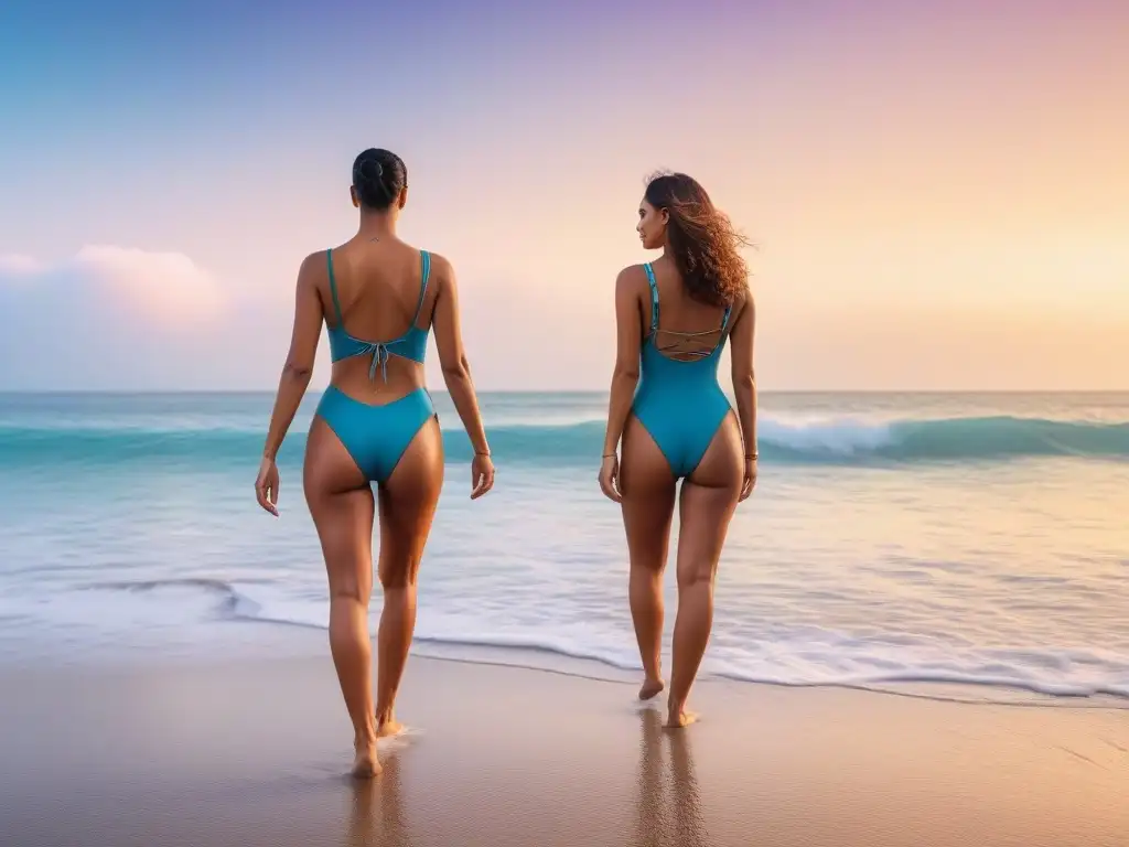 Moda para altos: Elegancia en la playa al atardecer Un grupo de altos pasea con confianza por la playa luciendo elegantes trajes de baño para altos, con un hermoso atardecer de fondo