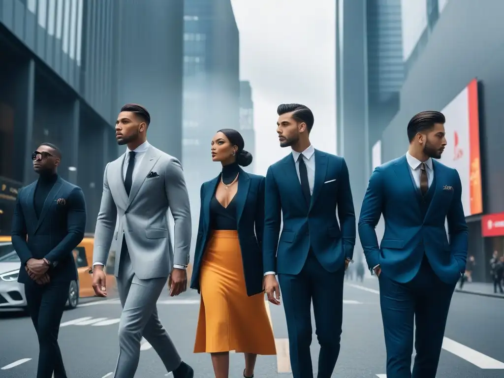Estilo urbano: Grupo de altos fashionistas en la ciudad Un grupo de altos y elegantes individuos con estilos diversos y seguros en una calle urbana