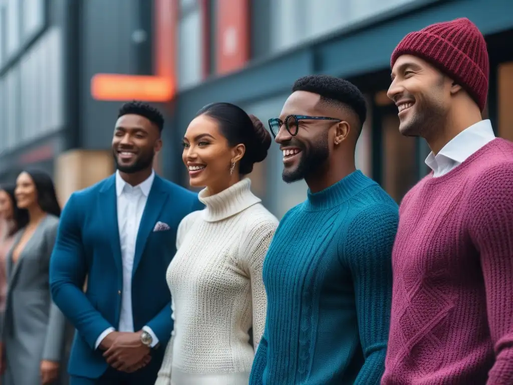 Estilo y diversidad: moda knitwear para altos en la ciudad Un grupo de altos con diversos estilos y etnias lucen felices y a la moda con ropa de punto para altos en un entorno urbano moderno
