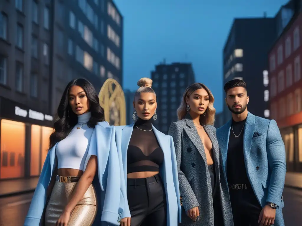 Influencers de moda: estilo único en entorno urbano Un grupo de altos influencers de moda destaca su estilo único en un escenario urbano chic, representando la moda inclusiva y moderna