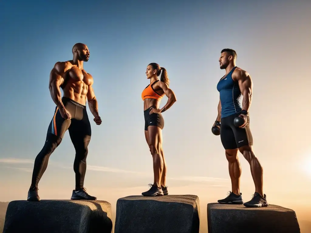 Atletas de alto rendimiento entrenando al atardecer con determinación Un grupo de atletas altos con físicos esculpidos realizando un intenso entrenamiento al aire libre al atardecer