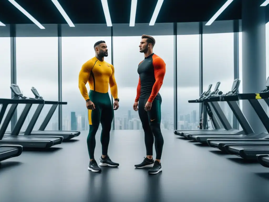 Atletas altos con estilo y determinación en gimnasio futurista Un grupo de atletas altos, seguros y determinados, vistiendo moderna ropa deportiva en un gimnasio elegante