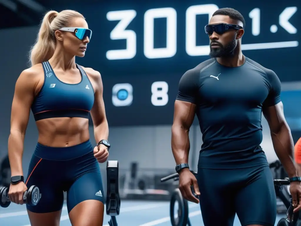 Atletas futuristas con tecnología deportiva innovadora Un grupo de atletas diversos con tecnología wearable en moda deportiva moderna