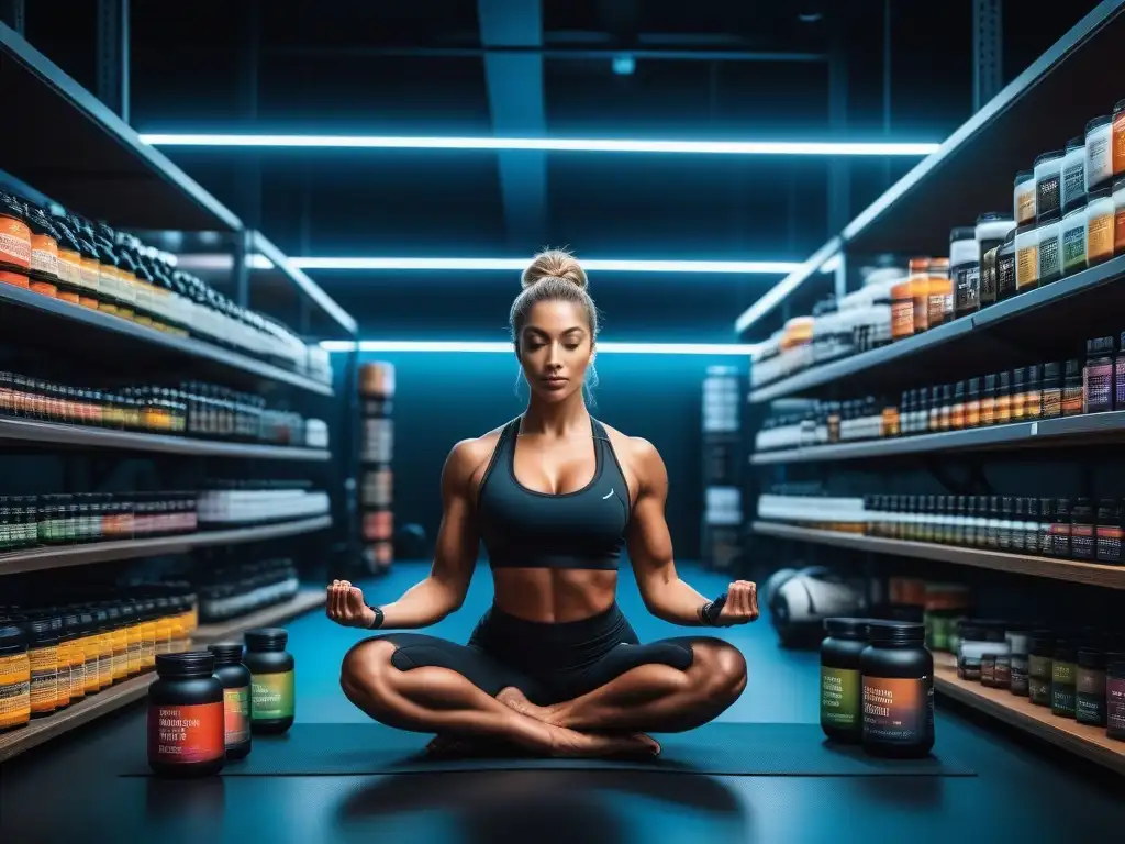 Escenas de fitness: atletas en acción rodeados de suplementos Un grupo de atletas en acción junto a estantes de suplementos ordenados