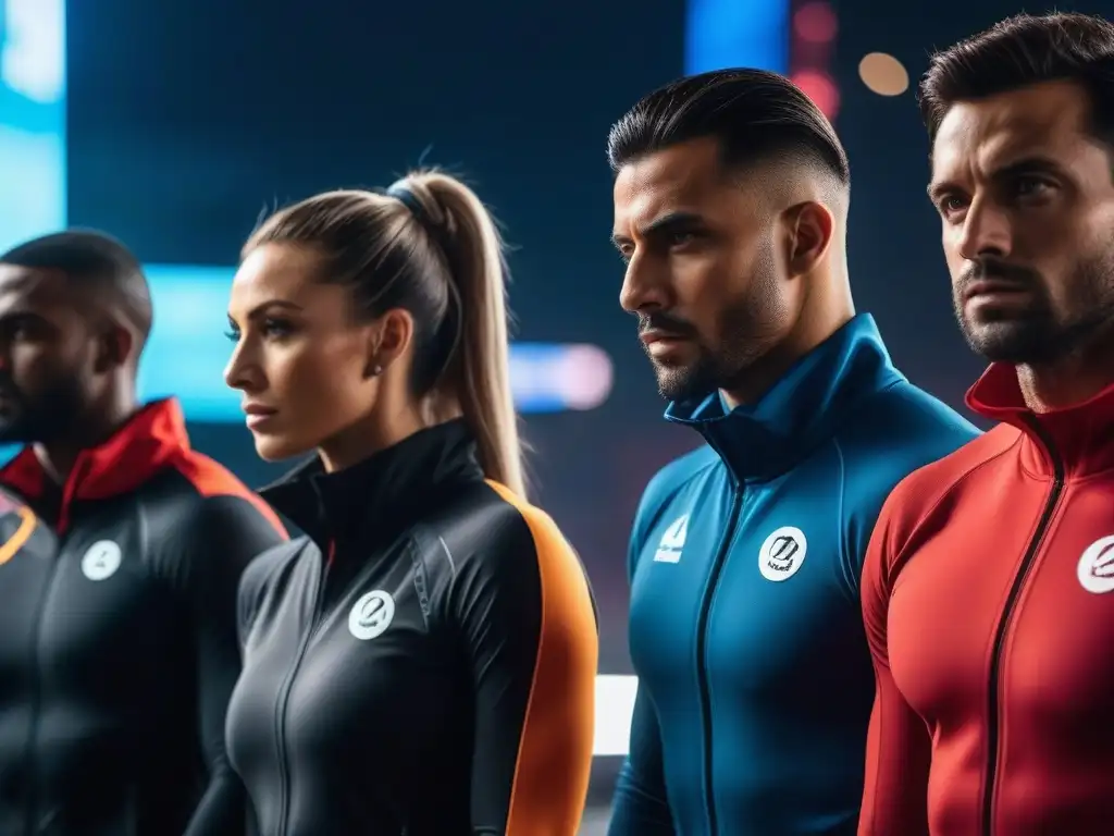 Atletas diversos listos para competir en la ciudad futurista Un grupo de atletas diversos listos para competir en una carrera frente a una ciudad futurista iluminada