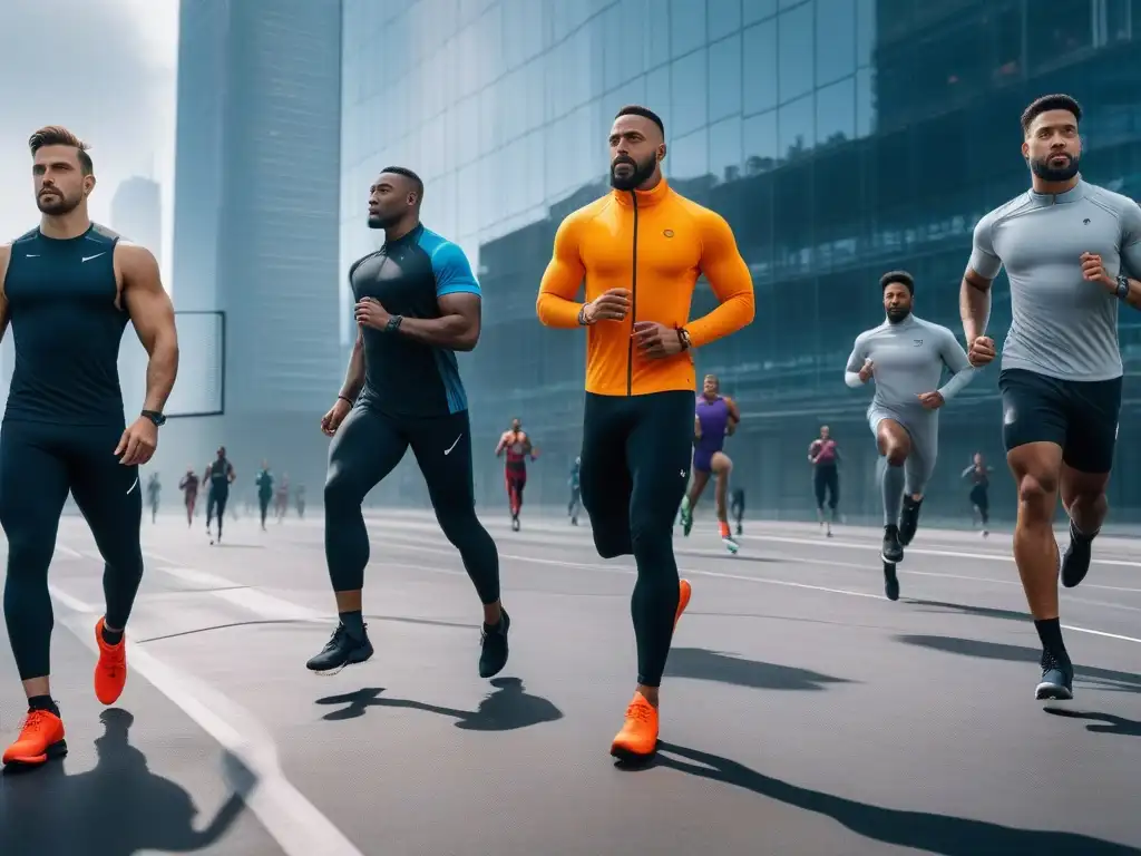 Sportswear inclusivo para hombres: diversidad y estilo en el deporte Un grupo de atletas masculinos diversos practicando deportes en una ciudad futurista, simbolizando la ropa deportiva inclusiva para hombres
