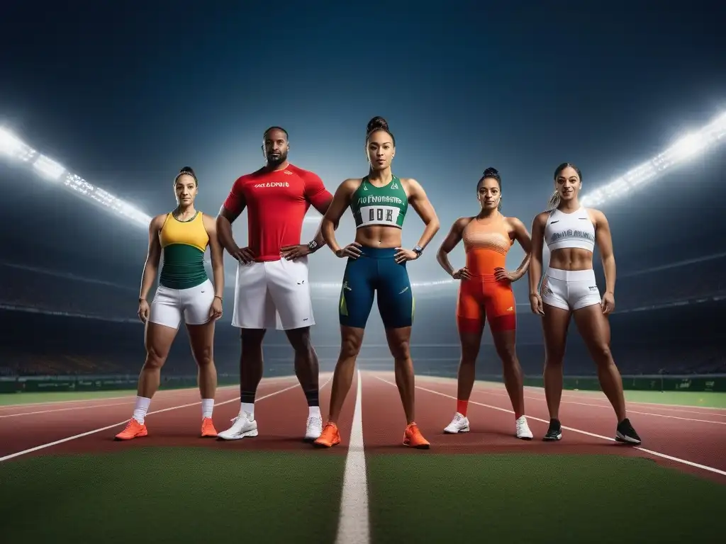 Atletas diversos en uniformes inclusivos: símbolo de unidad en el deporte Un grupo de atletas diversos usando uniformes deportivos inclusivos para todos en una pista, representando la unidad y diversidad en el deporte