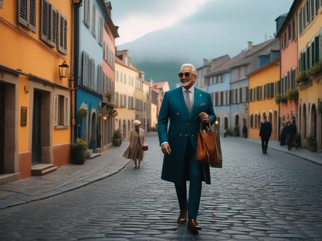 Viajeros elegantes disfrutan la tarde en Europa Un grupo de aventureros seniors elegantes en una calle europea colorida al atardecer