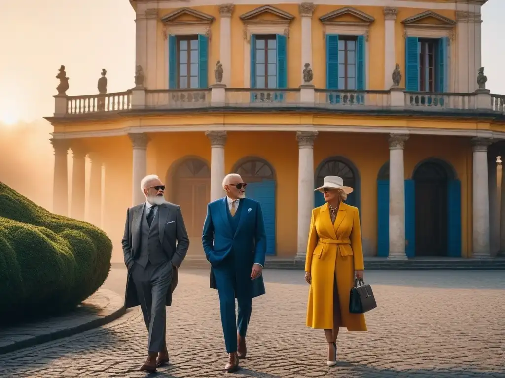 Estilo senior en Europa al atardecer: moda y sofisticación en viajeros maduros Un grupo de elegantes seniors aventureros posan con estilo frente a un icónico monumento europeo al atardecer