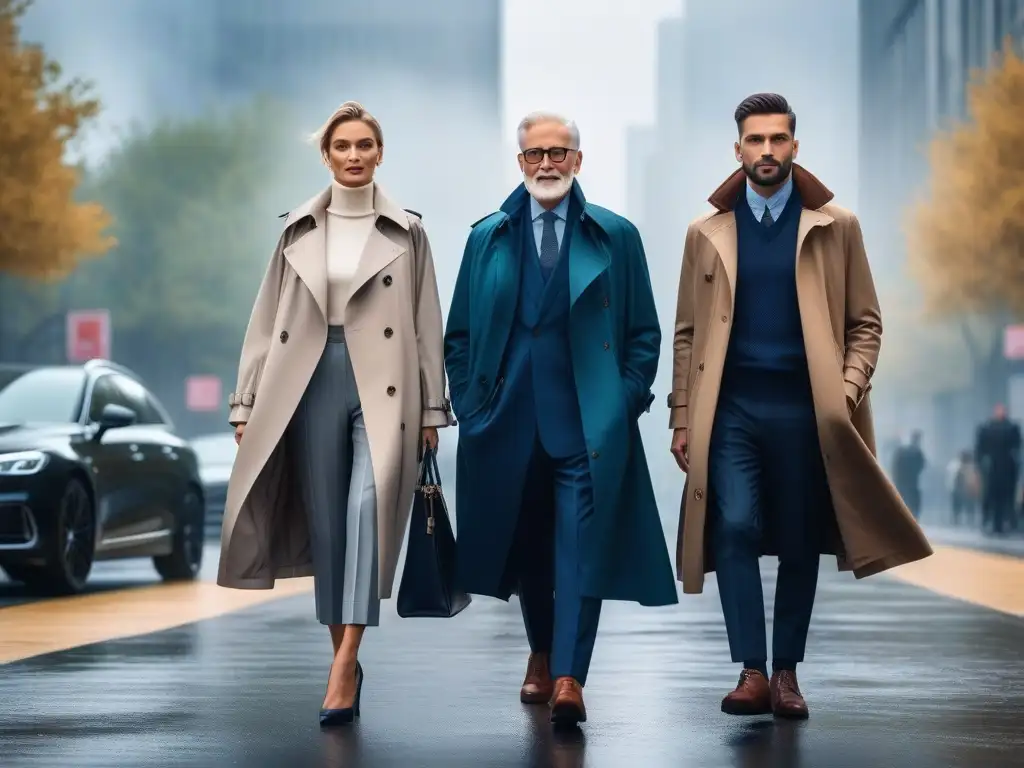 Un grupo de elegantes seniors exhibiendo capas moda senior clima diverso en escenario urbano lluvioso y soleado