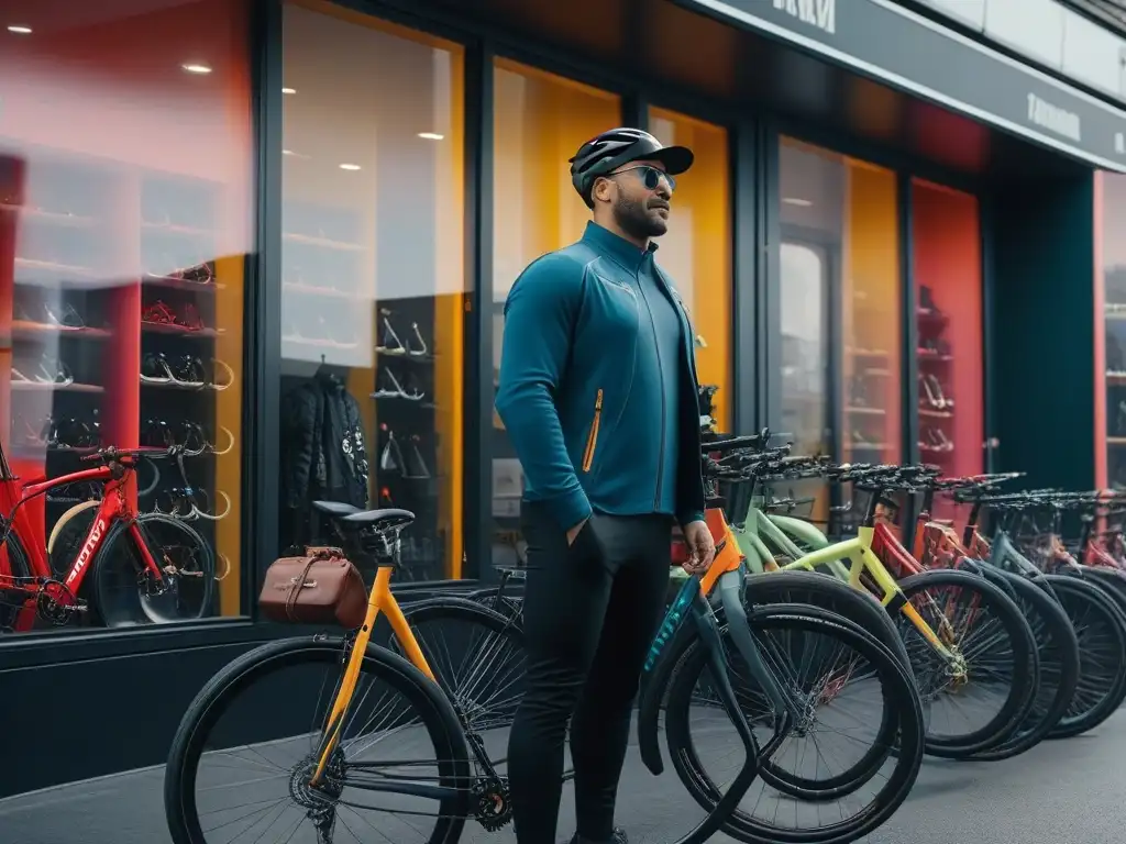 Comunidad ciclista diversa frente a tienda de bicicletas moderna Grupo de ciclistas diversos, sonrientes y unidos frente a una tienda de ciclismo moderna