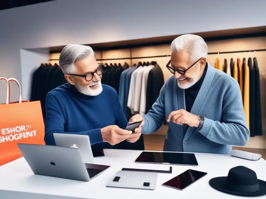 Seniors felices comprando moda online inclusiva y moderna Un grupo de seniors confiados y felices comprando ropa online en una tienda moderna y accesible