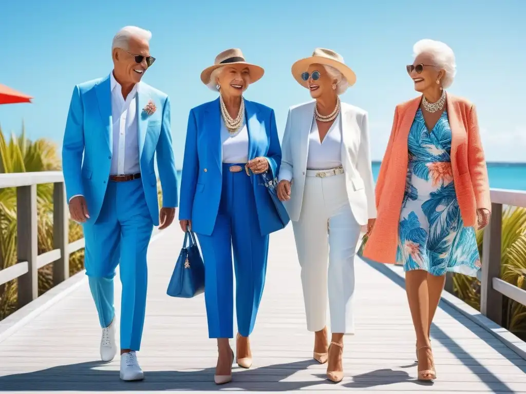 Moda senior en la playa: estilo, color y confianza Un grupo de elegantes seniors paseando con confianza en un paseo marítimo soleado, luciendo moda veraniega en colores vibrantes y accesorios de moda