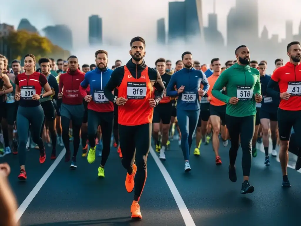 Maratonistas modernos listos para la carrera urbana Grupo de corredores listos en la línea de salida de una maratón, con estilo y determinación