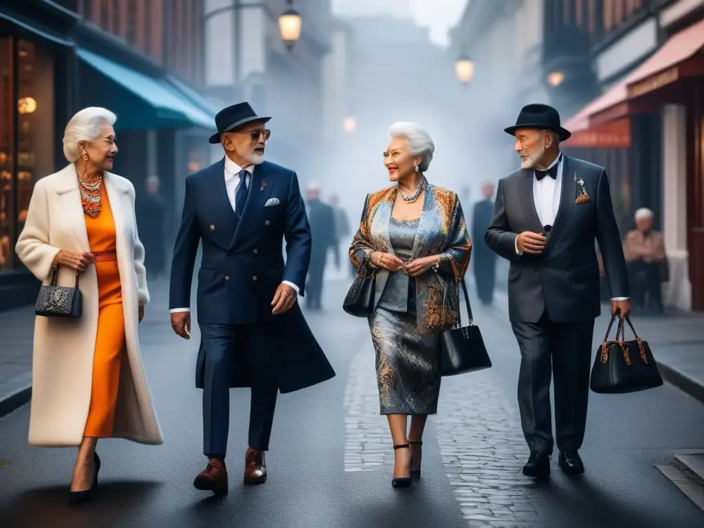 Moda multicultural: Estilo y diversidad en la ciudad Un grupo de elegantes seniors de diversas culturas paseando con confianza por una bulliciosa calle urbana