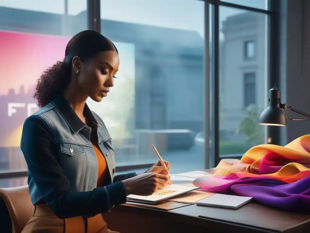 Diseñadores de moda creativos y diversos en un estudio luminoso Grupo de diseñadores de moda diverso debatiendo apasionadamente diseños únicos, rodeados de telas coloridas, herramientas de costura y tablets con análisis de redes sociales moda inclusiva, en un estudio creativo iluminado por luz natural