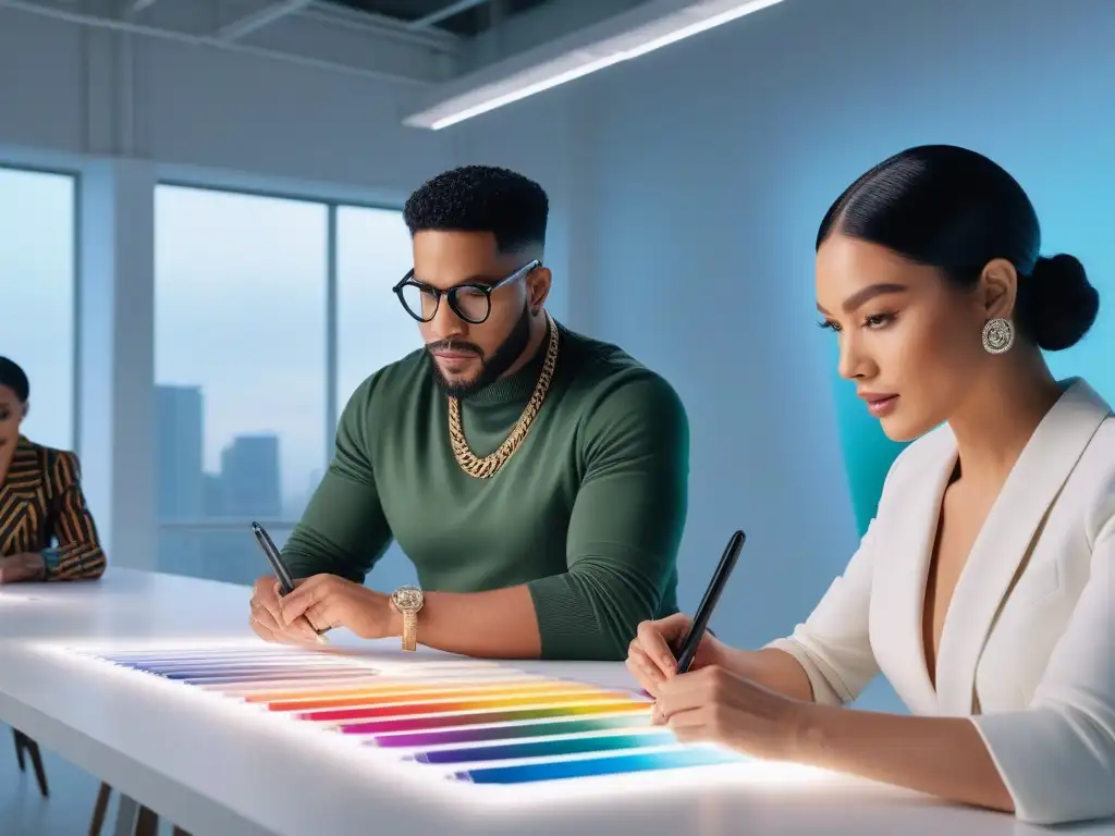 Diseñadores de moda creativos y diversos colaboran en estudio moderno Grupo de diseñadores de moda diversos creando juntos en un estudio luminoso, reflejando innovación y oportunidades empleo moda adaptativa inclusiva