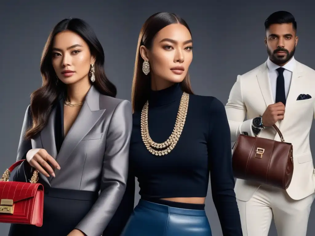 Estilo sofisticado: diversidad y lujo en accesorios de moda Un grupo diverso con accesorios de alta gama inclusivos, reflejando sofisticación y elegancia en un ambiente moderno y luminoso