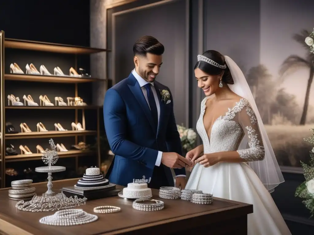 Selección de accesorios de boda en boutique moderna Un grupo diverso elige accesorios de boda lujo inclusivos en una boutique chic y moderna