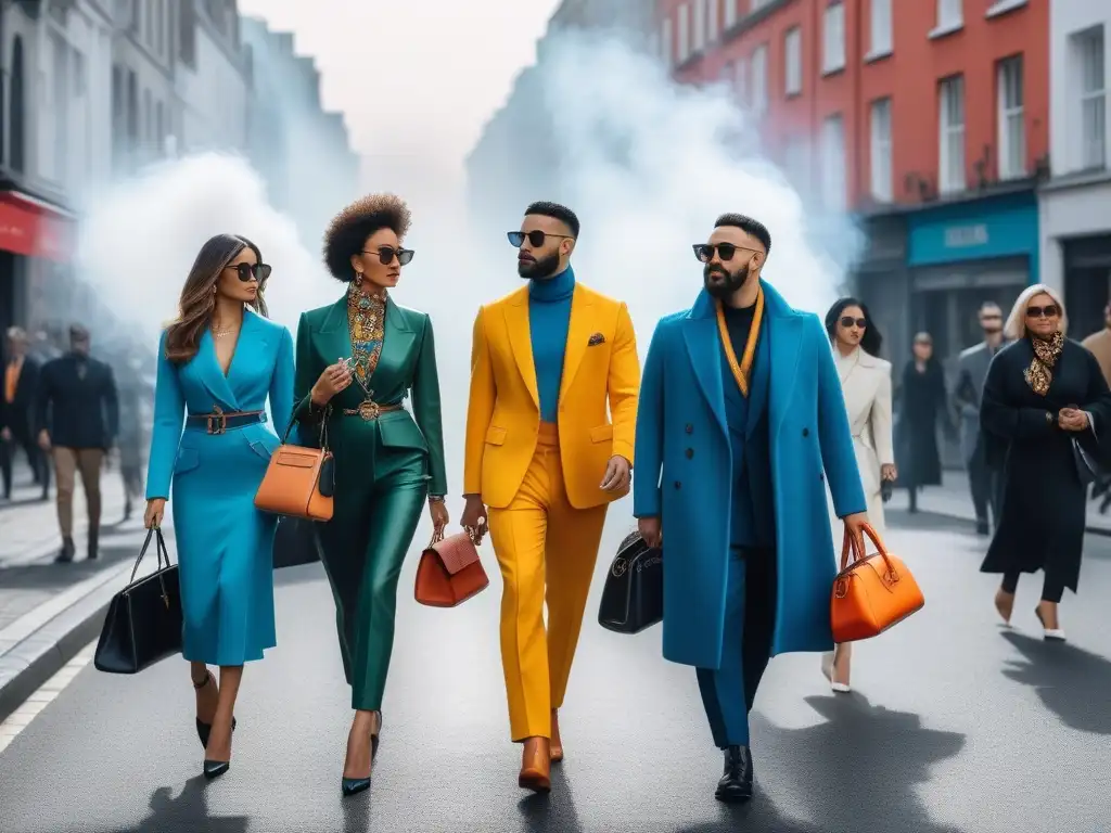 Moda urbana: grupo diverso con accesorios de diseñador Un grupo diverso con accesorios de diseñador en la ciudad, reflejando un guardarropa inclusivo y sofisticado