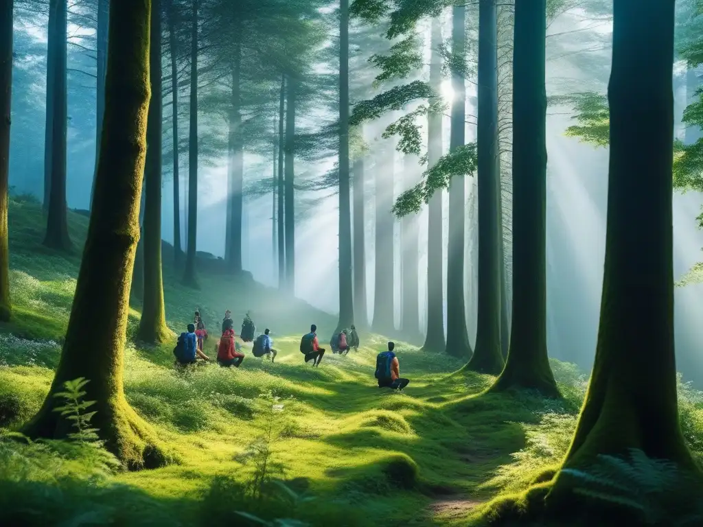 Vitalidad en el bosque: diversidad y bienestar en actividades al aire libre Un grupo diverso disfruta de actividades al aire libre en un bosque verde, irradiando vitalidad
