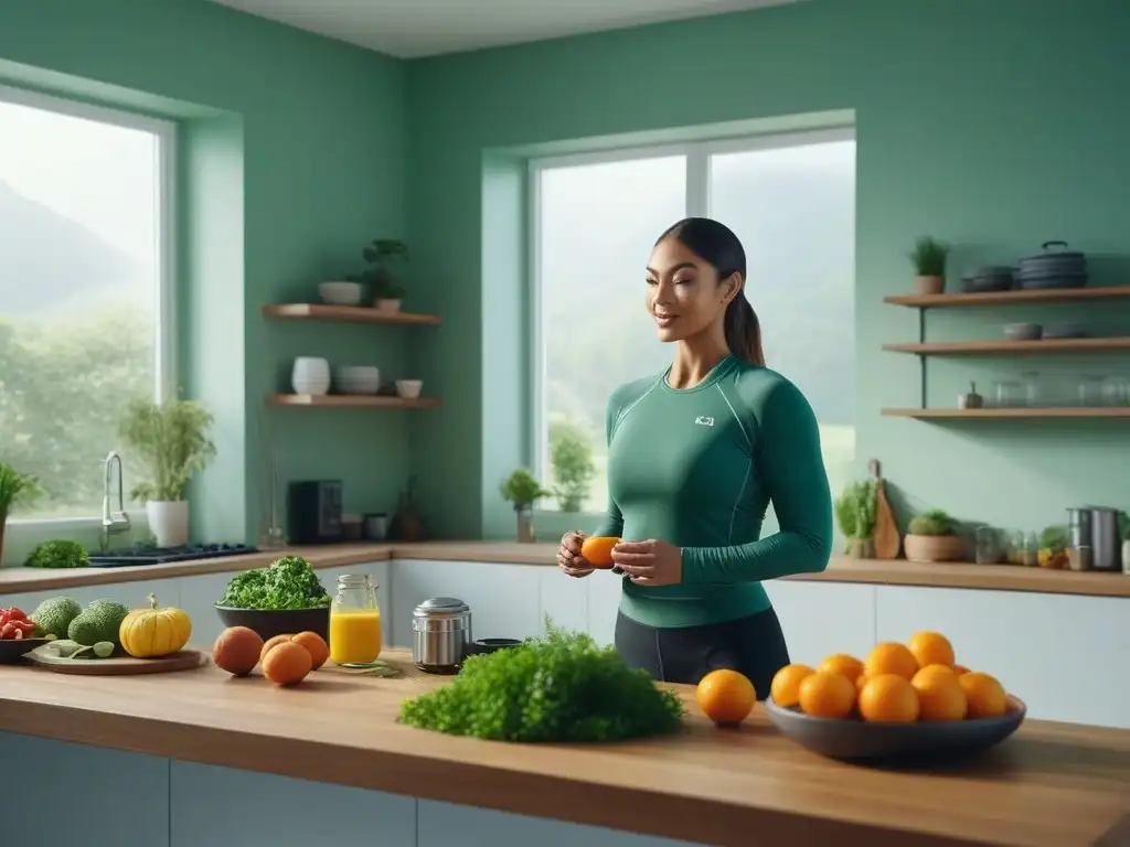 Estilo de vida saludable: diversidad y energía en la cocina Un grupo diverso disfruta de actividades saludables en una cocina moderna y luminosa