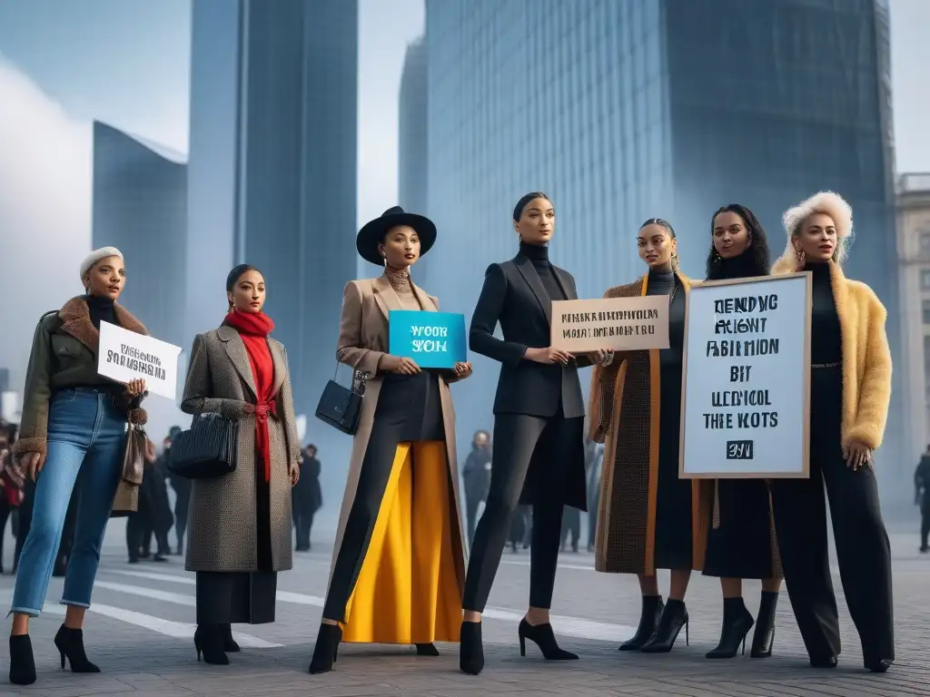 Activistas de la moda unidos: diversidad e inclusión en la ciudad Un grupo diverso de activistas por moda inclusiva, con pancartas en la ciudad