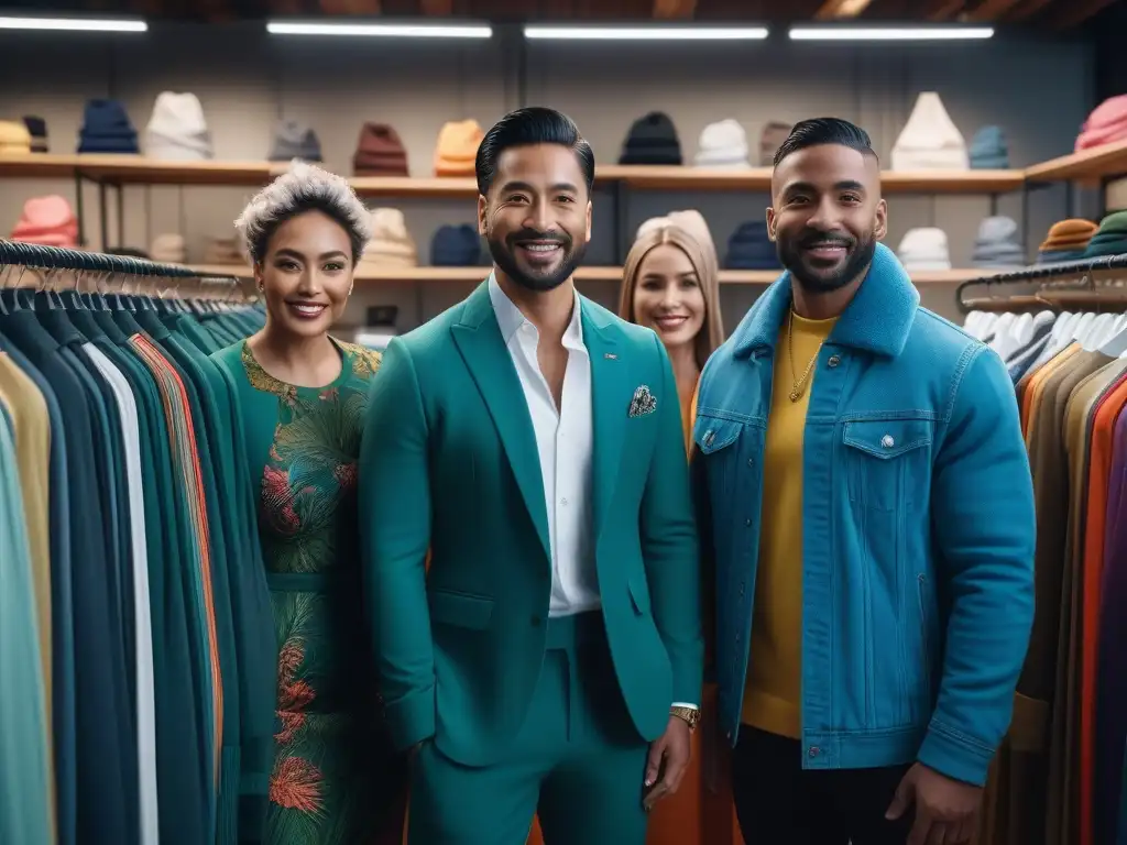Moda sostenible: Activistas unidos en diversidad y estilo Un grupo diverso de activistas de moda sostenible, unidos en una tienda de ropa ecofriendly