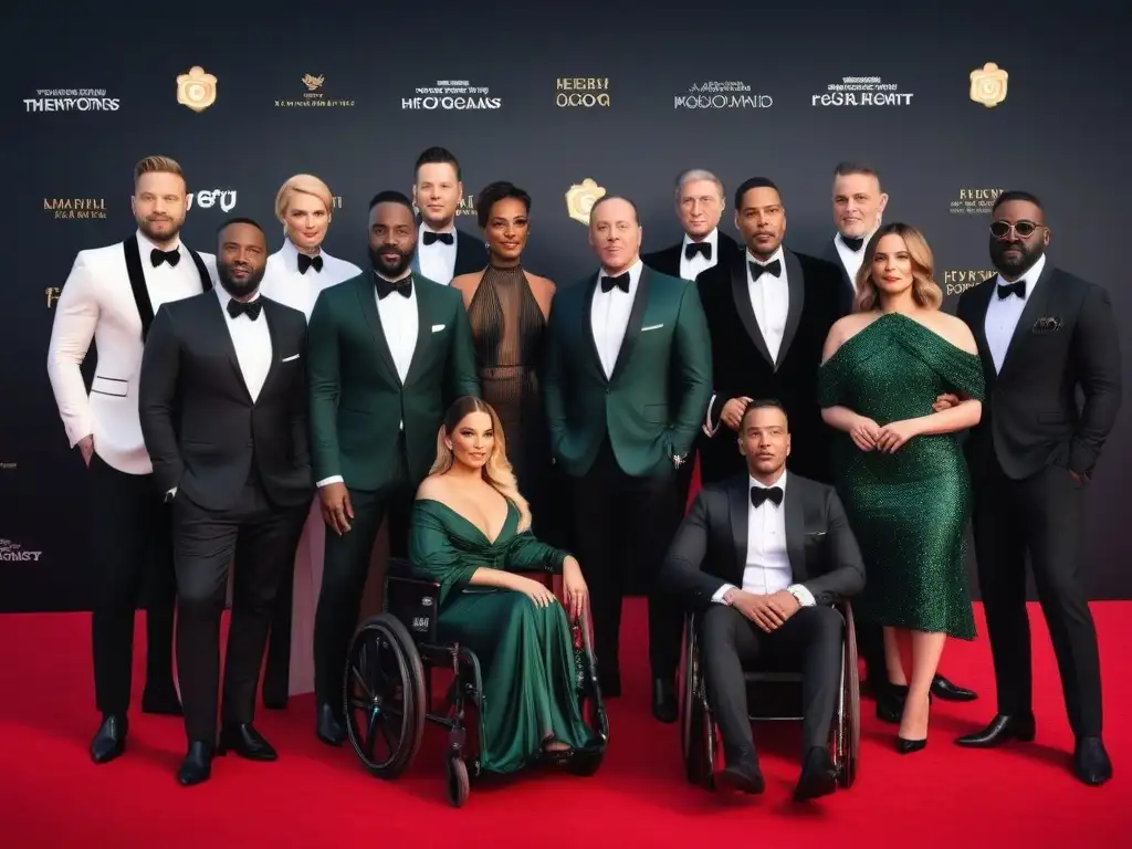 Estrellas con discapacidad brillan con moda inclusiva en alfombra roja Un grupo diverso de actores y actrices con discapacidad posa con confianza en la alfombra roja, luciendo moda adaptativa en cine y televisión