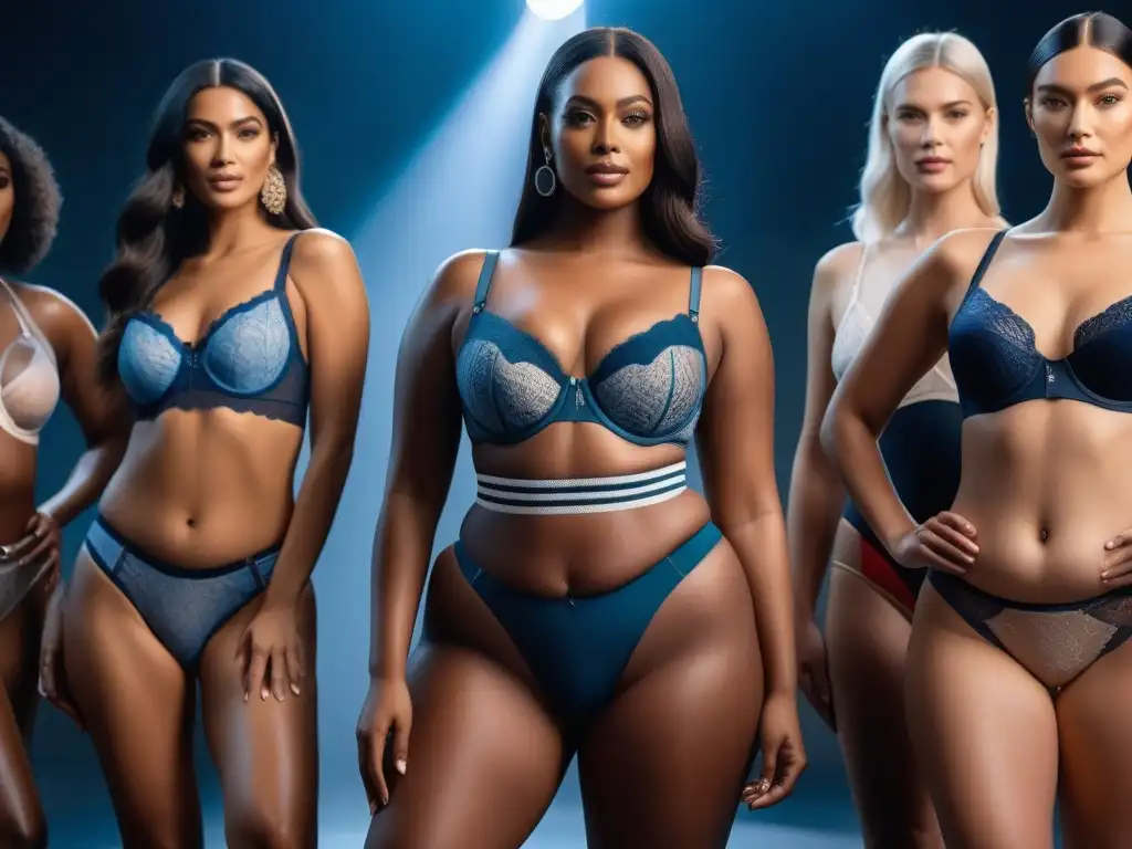 Modelos seguras en lencería adaptativa, diversidad de estilos y colores Un grupo diverso modela lencería adaptativa para todos los cuerpos, transmitiendo confianza y empoderamiento