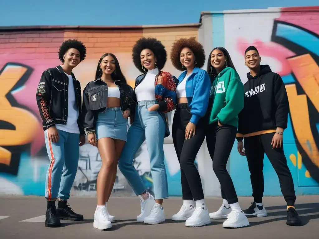 Juventud diversa y empoderada: moda inclusiva en la ciudad Un grupo diverso de adolescentes riendo y posando con confianza en ropa adaptativa, expresando individualidad y comunidad en la calle urbana