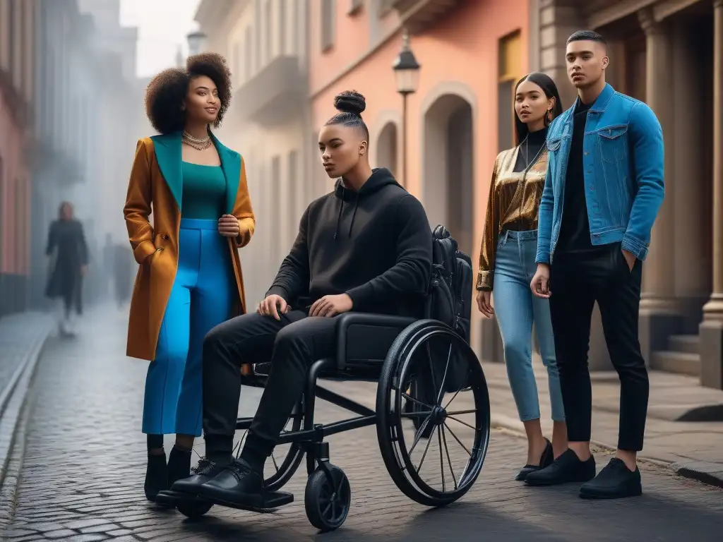 Moda adaptativa: adolescentes con estilo y diversidad Un grupo diverso de adolescentes exhibiendo su estilo con ropa adaptativa en un entorno urbano inclusivo y moderno