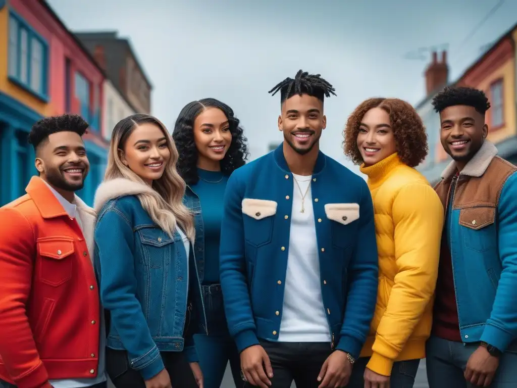 Adolescentes empoderados: moda inclusiva y diversidad Un grupo diverso de adolescentes sonriendo y posando juntos con confianza en un ambiente urbano colorido y moderno, representando la moda inclusiva y su impacto positivo en la autoestima y diversidad de los jóvenes