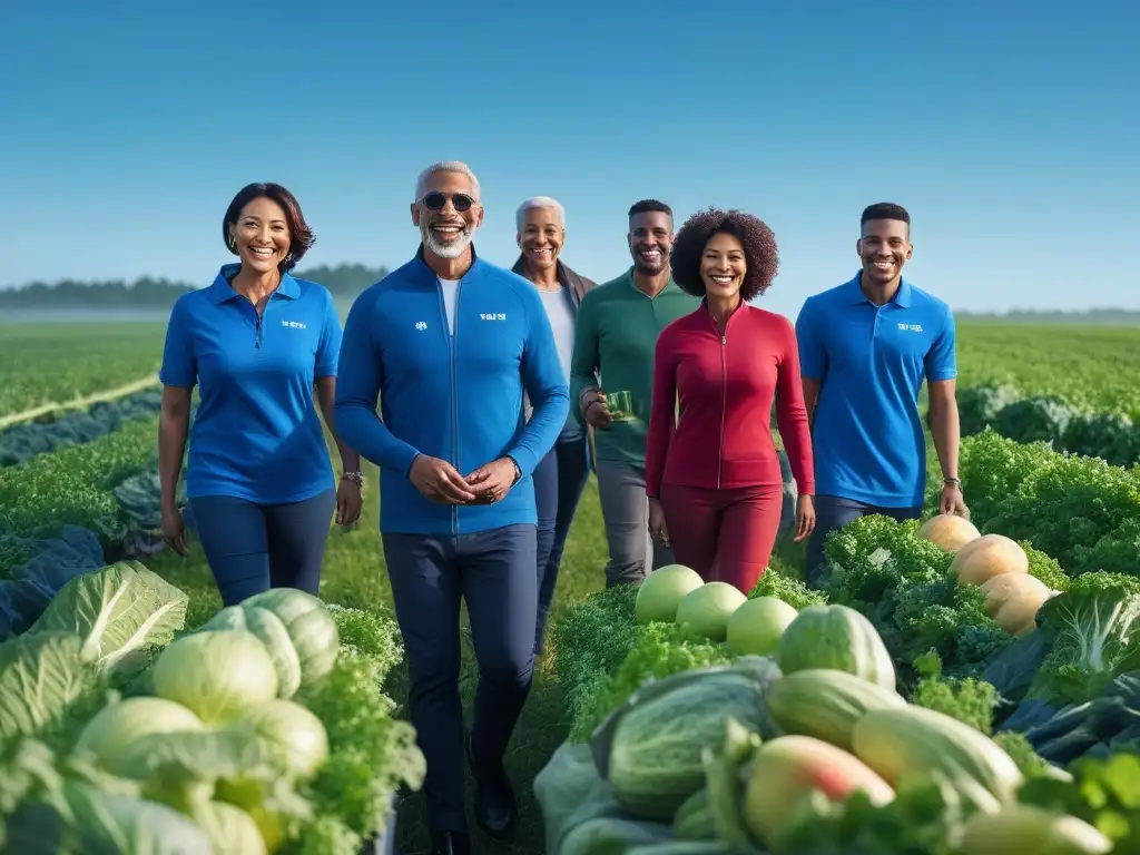 Comunidad saludable: sonrisas y alimentos frescos en campo verde Un grupo diverso de adultos sonrientes en un campo verde, sosteniendo frutas y verduras frescas