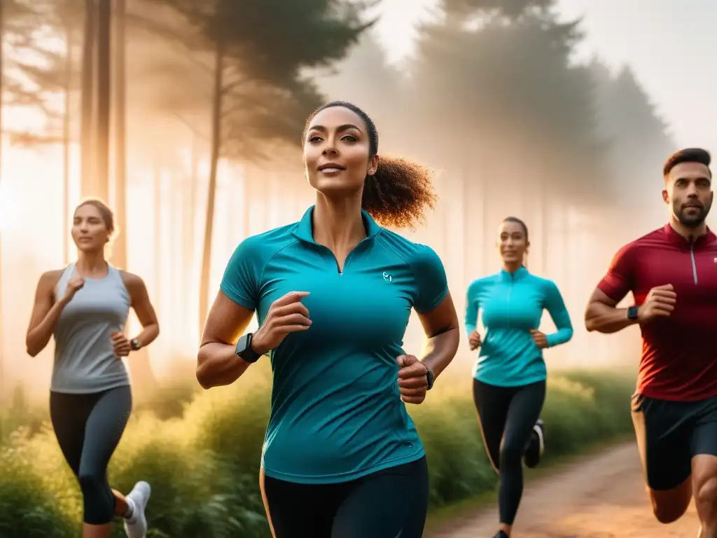 Vitalidad en el parque: diversidad y ejercicio al atardecer con Fitbit Grupo diverso disfruta ejercitándose al aire libre con Fitbit, reflejando marcas gadgets moda inclusivas éxito