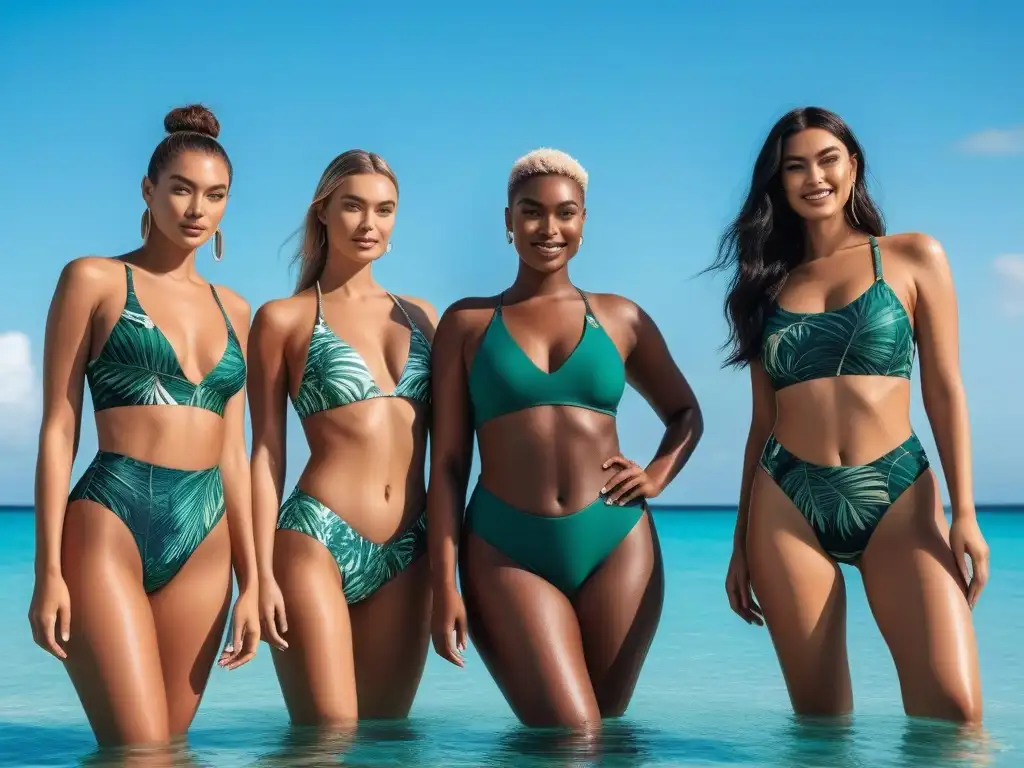 Verano sostenible: Diversidad y estilo junto al mar Un grupo diverso y alegre posa con bañadores sostenibles frente al mar al atardecer