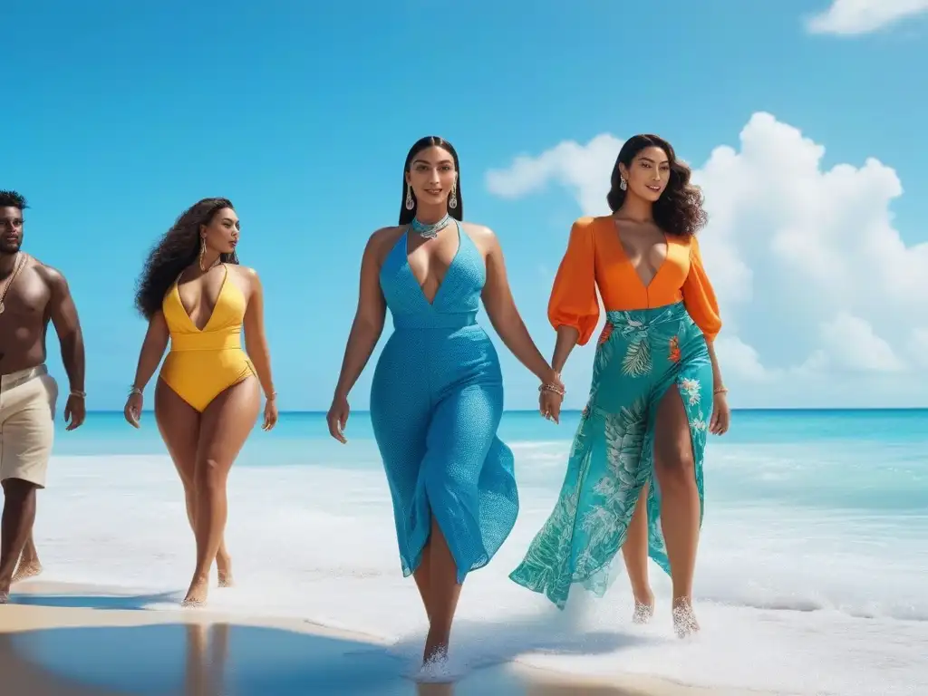 Diversidad y empoderamiento en la playa caribeña Un grupo diverso y alegre camina en la playa, luciendo moda inclusiva para todos los cuerpos