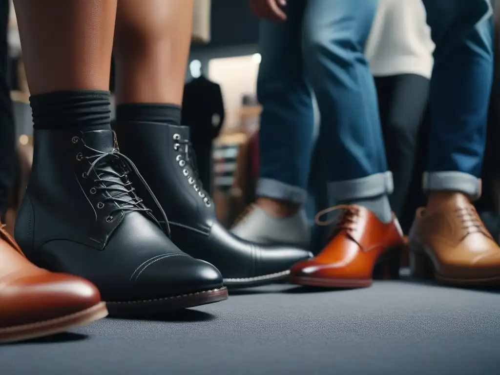 Zapatos de gran talla: diversidad y empoderamiento en la moda Un grupo diverso prueba con alegría zapatos de tallas grandes en una tienda de moda, enfatizando la inclusividad y la diversidad