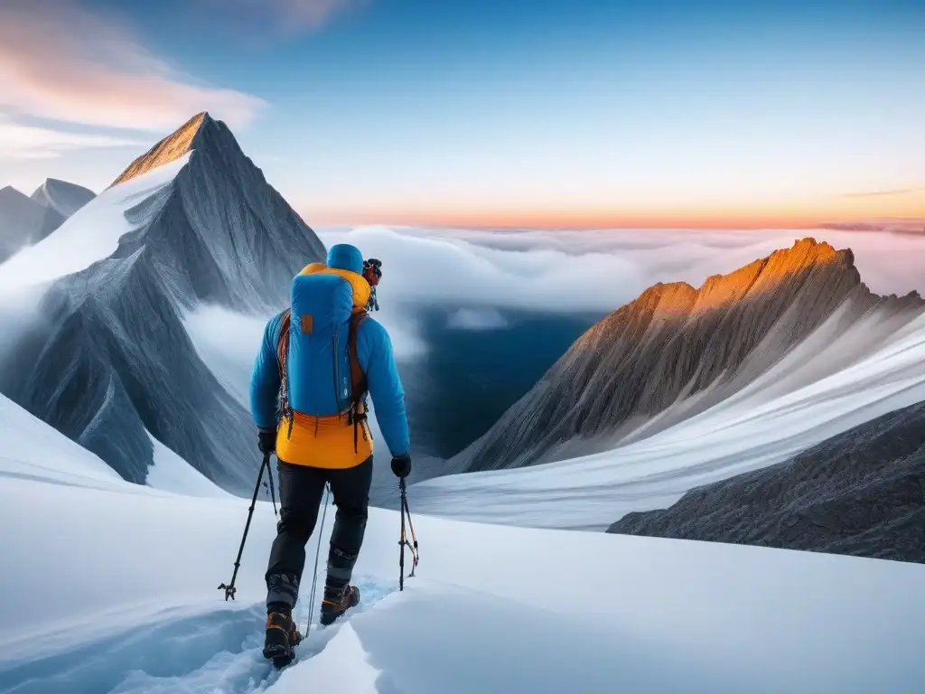 Equipos sostenibles de montaña: innovación y diversidad en la cima Grupo diverso de alpinistas usando Ropa sostenible climas extremos inclusiva, escalando montaña nevada al amanecer