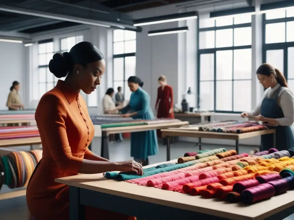 Estudio de moda ética: artesanos crean juntos diseños inspiradores Grupo diverso de artesanos hábiles en estudio de moda ético, cosiendo diseños en telas